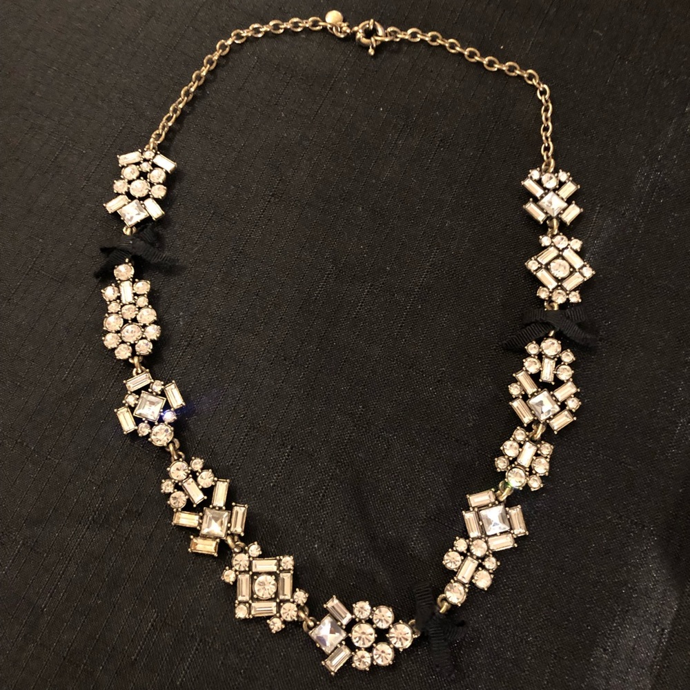 J. Crew Crystal and black ribbon bow necklace